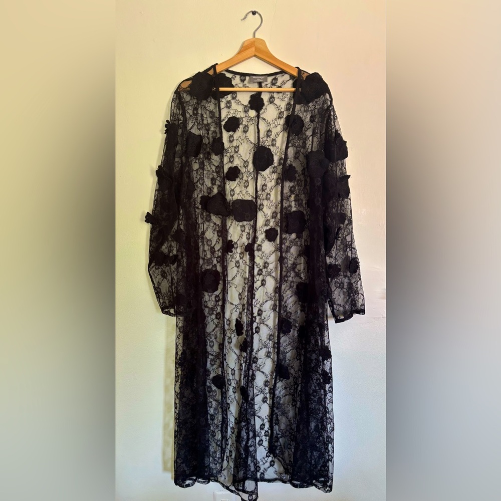 Lace Black Longline Duster Embroidered Floral Boho Fairy Grunge Size XL